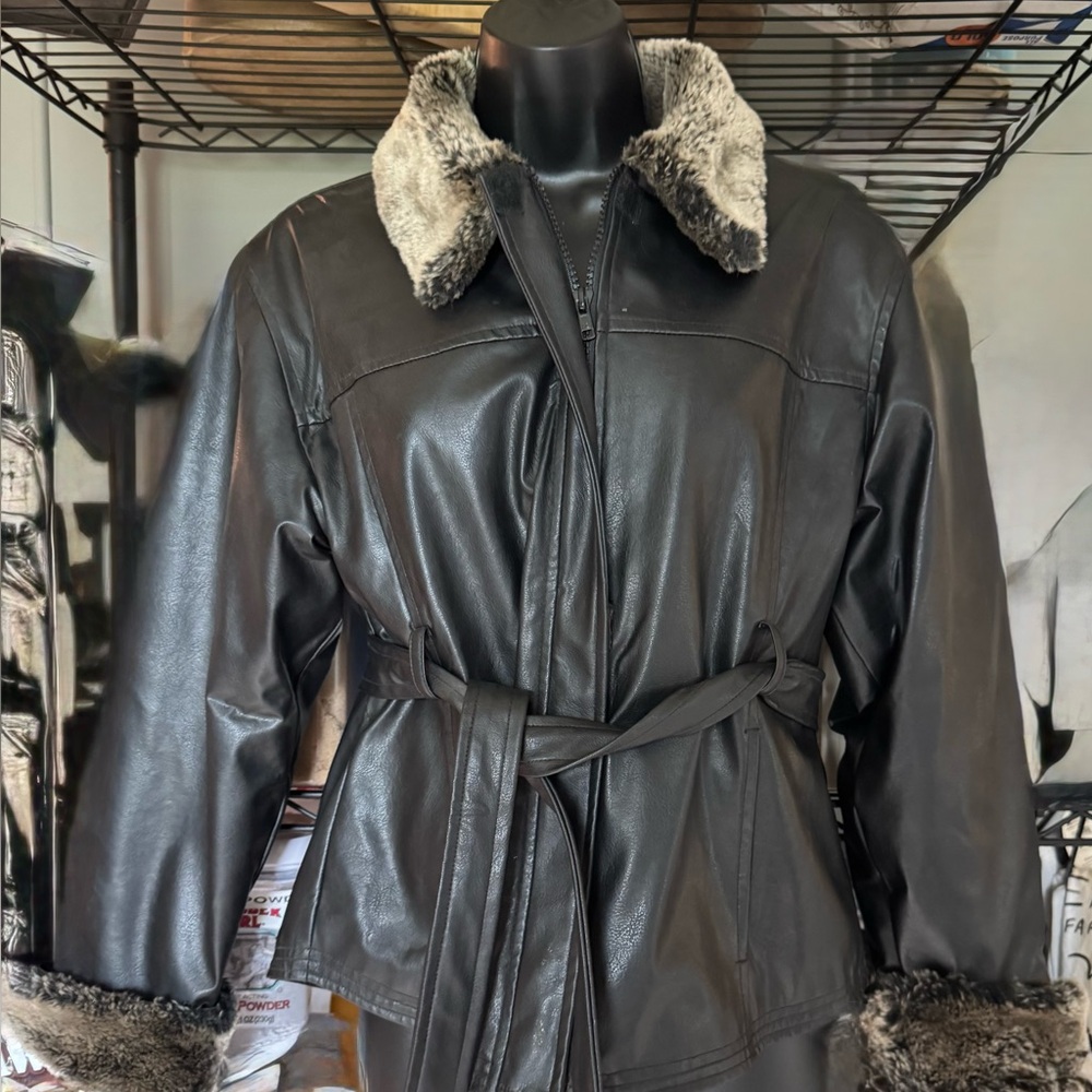 Women's Black Faux Leather Jacket with Fur Trim